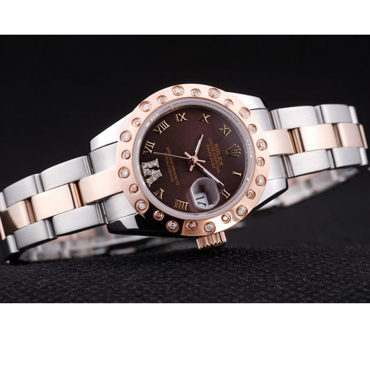 Aaa replica watch Gold Polished Brown Rose Diamonds Dial Rolex Bezel Datejust 7475 0707